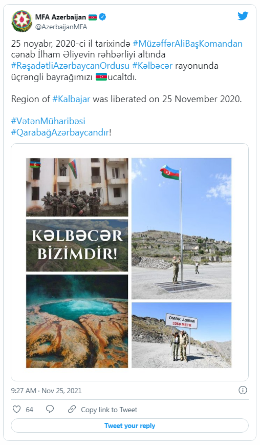 XİN Kəlbəcərin azad olunmasının ildönümüylə bağlıpaylaşım edib (FOTO)