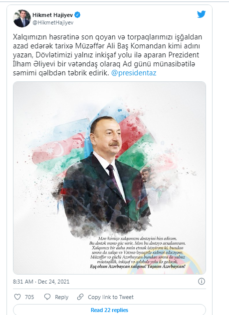 Hikmət Hacıyev İlham Əliyevitəbrik etdi (FOTO)