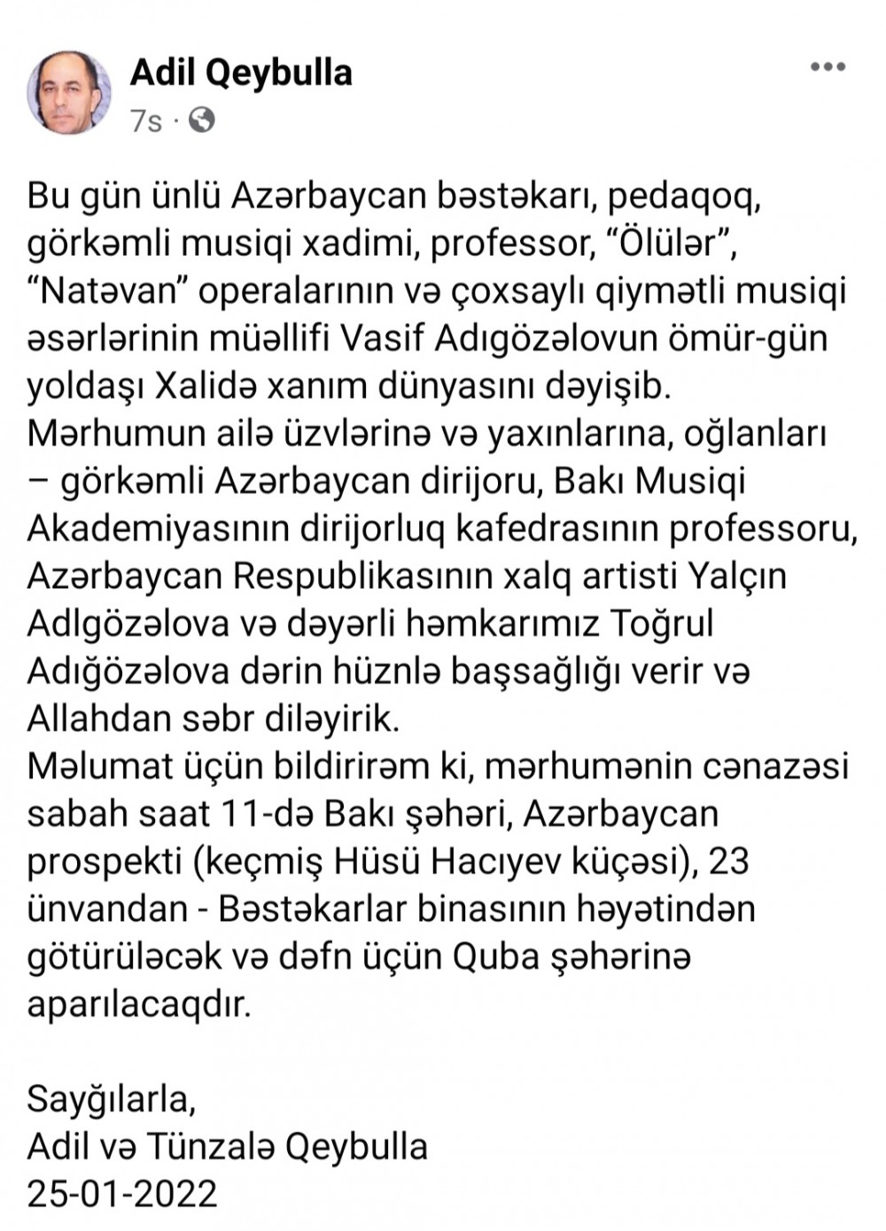 Azərbaycanda tanınmış bəstəkarın həyat yoldaşıvəfat etdi (FOTOLAR)