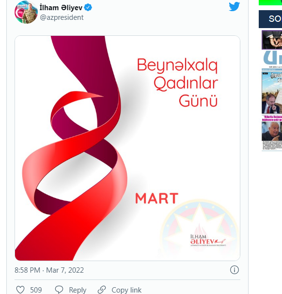 İlham Əliyevdən 8 martla bağlıPAYLAŞIM
