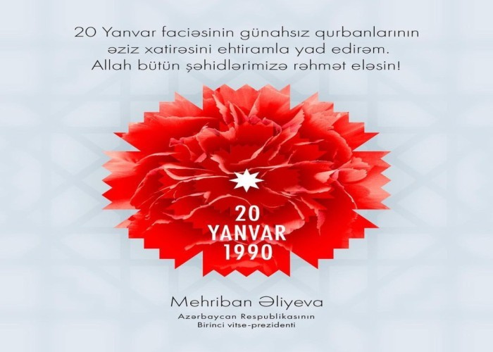 Mehriban Əliyeva 20 Yanvar faciəsinin ildönümü ilə bağlı paylaşım edib