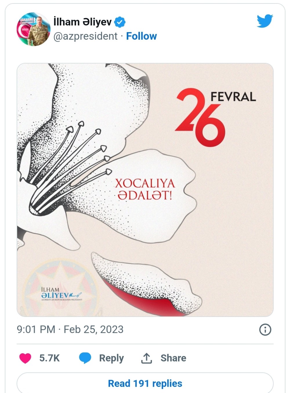 İlham Əliyev Xocalı faciəsinin ildönümü ilə bağlı paylaşım etdi - FOTO