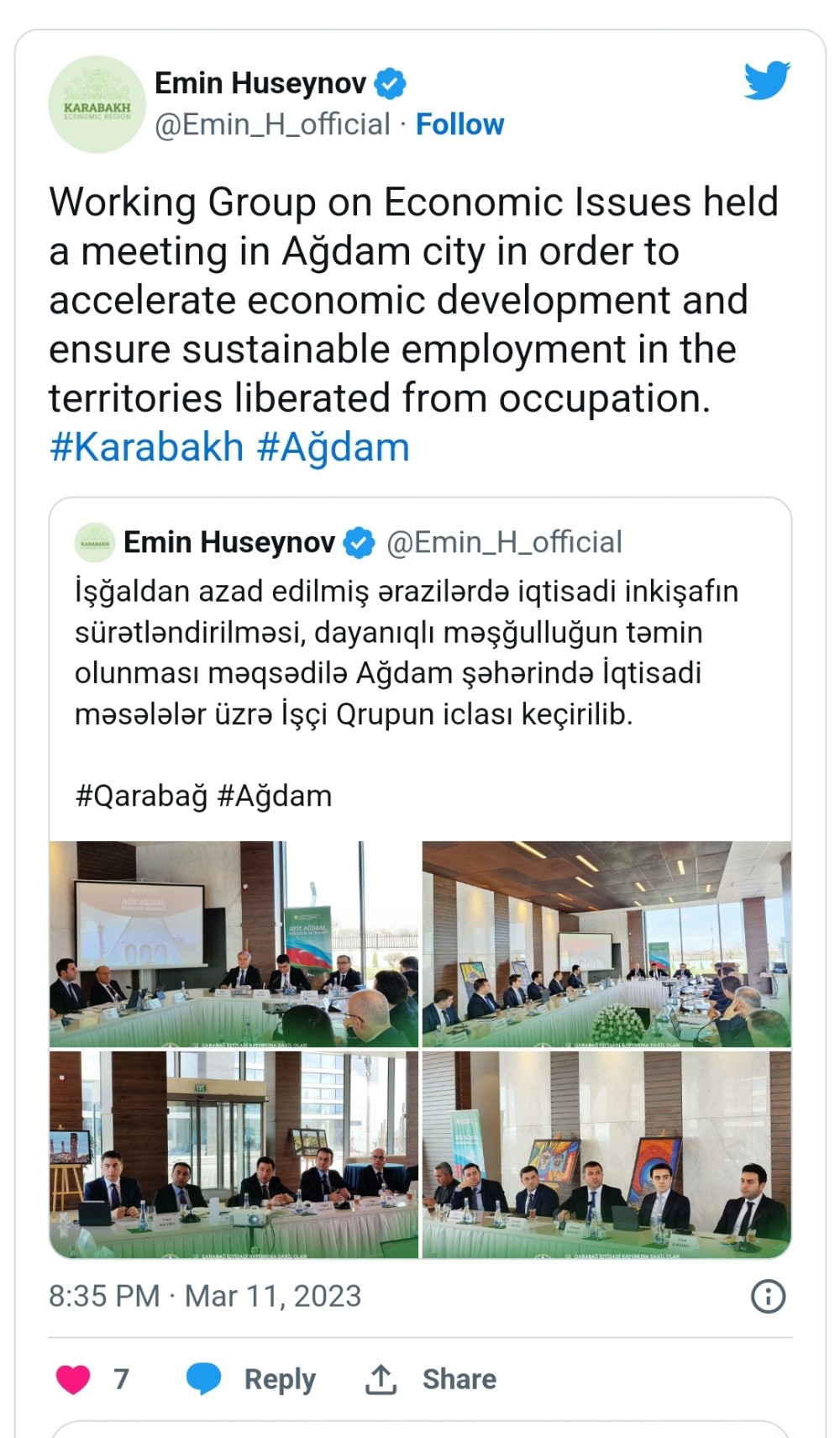 Prezidentin xüsusi nümayəndəsi Ağdamda keçirilən iclasla bağlı paylaşım etdi