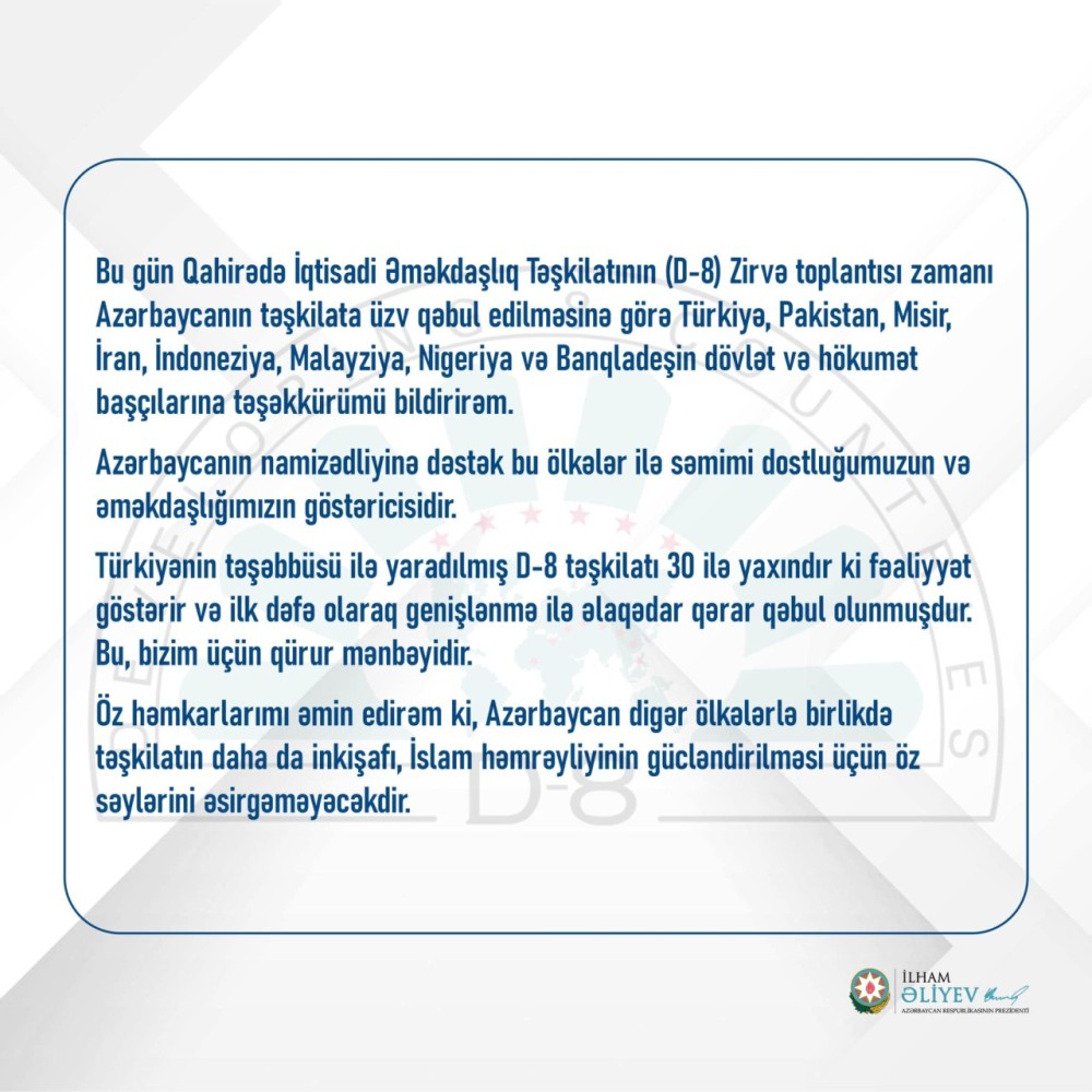 İlham Əliyev bu ölkələrin rəhbərlərinə təşəkkür etdi -FOTO