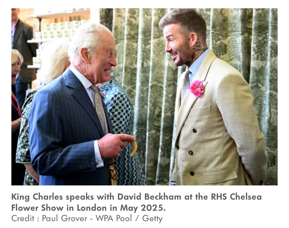 Devid Bekhem kral III Karl və kraliça Kamilla ilə Londonda keçirilən sərgidə görüşdü