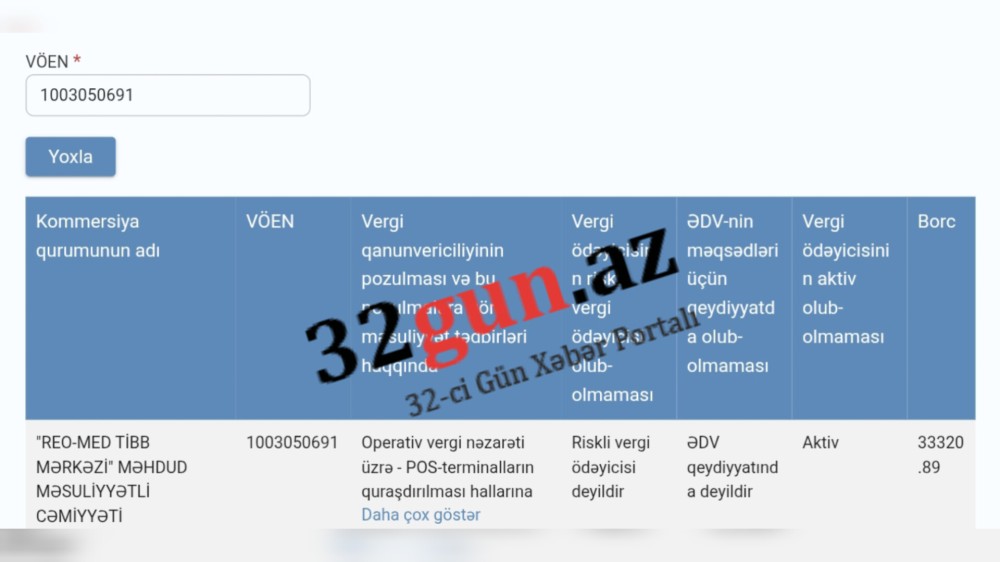"REO-MED" Tibb Mərkəzinin  vergi borcu var- FOTOFAKT