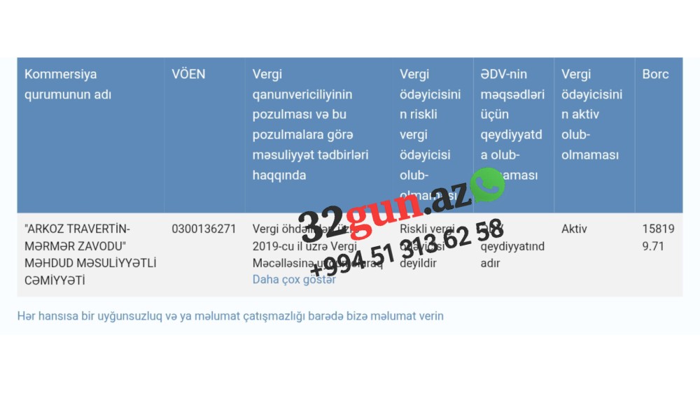 "ARKOZ TRAVERTİN-MƏRMƏR ZAVODU" MMC-nin vergi borcuüzə çıxıb
