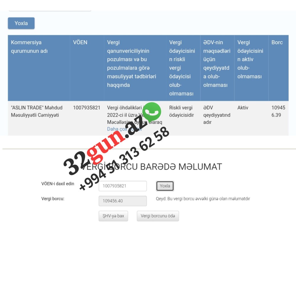 "ASLIN TRADE” MMC-nin 109 min manatlıq vergi borcu var / FOTO