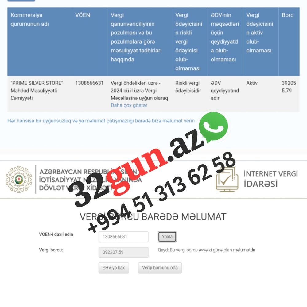 “Prime Silver Store” MMC-nin külli miqdarda vergi borcu yaranıb -Riskli vergi ödəyicisi kimi qeydə alınıb/ FOTO