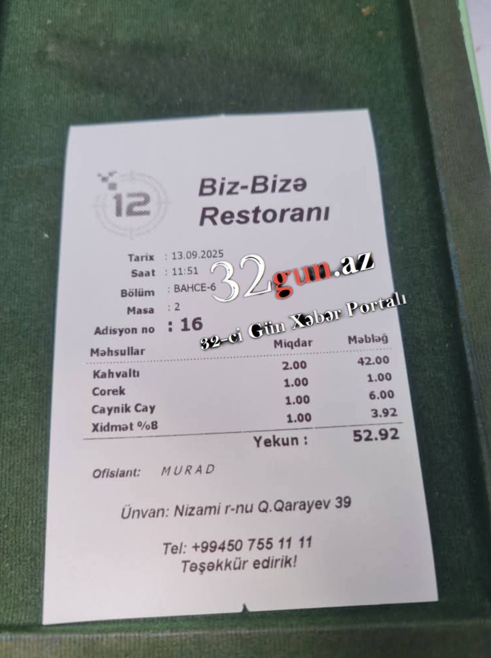 "Biz Bizə" restoranında İYRƏNCLİK VƏ .../"Göyərtidən həşərat çıxdı, terminal yoxdur"