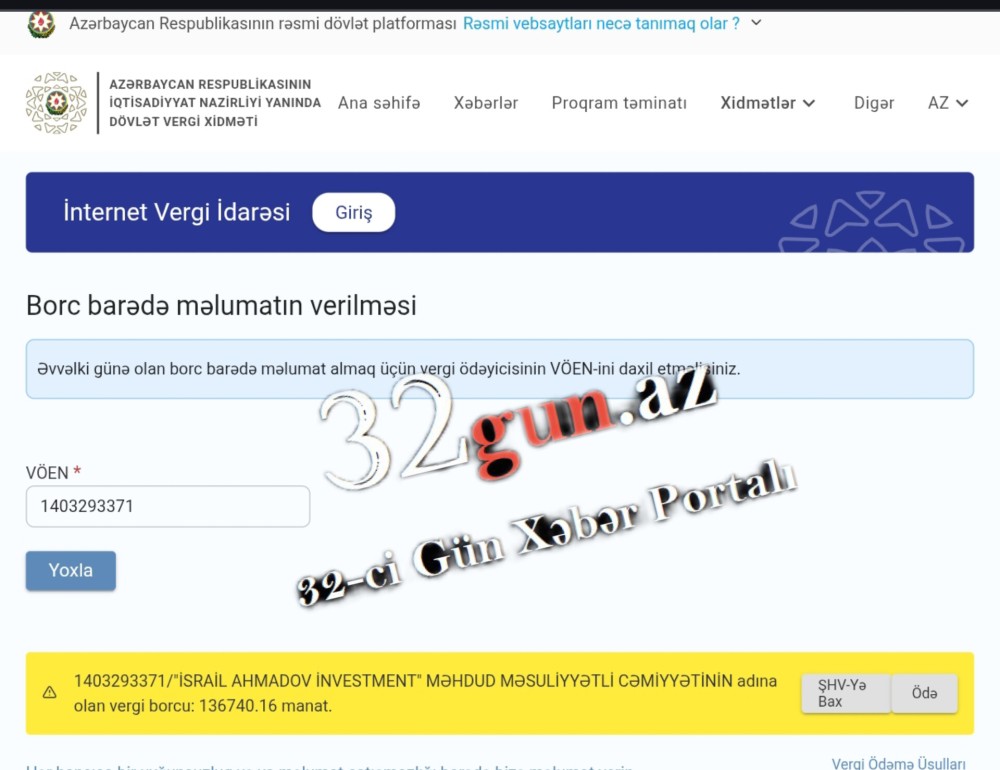 "İsrail Ahmadov İnvestment" MMC-nin külli miqdarda vergi borcuqalıb / FOTO