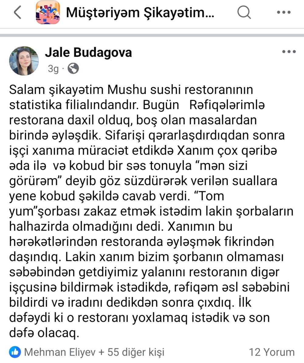 Müştəri "Mushu Sushi" restoranının Statistika filialında kobud xidmətlə qarşılaşdığını iddia edir