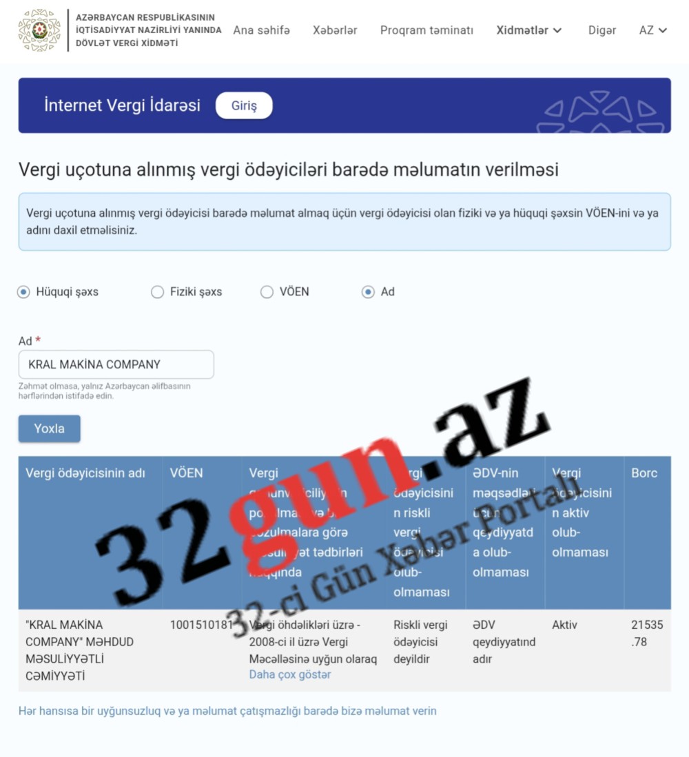 “Kral Makina Company” MMC-nin vergi borcu yaranıb