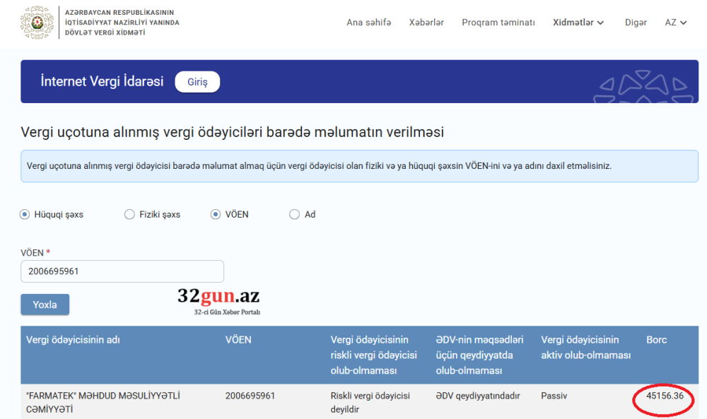 “FARMATEK” MMC-nin vergi borcu üzə çıxıb