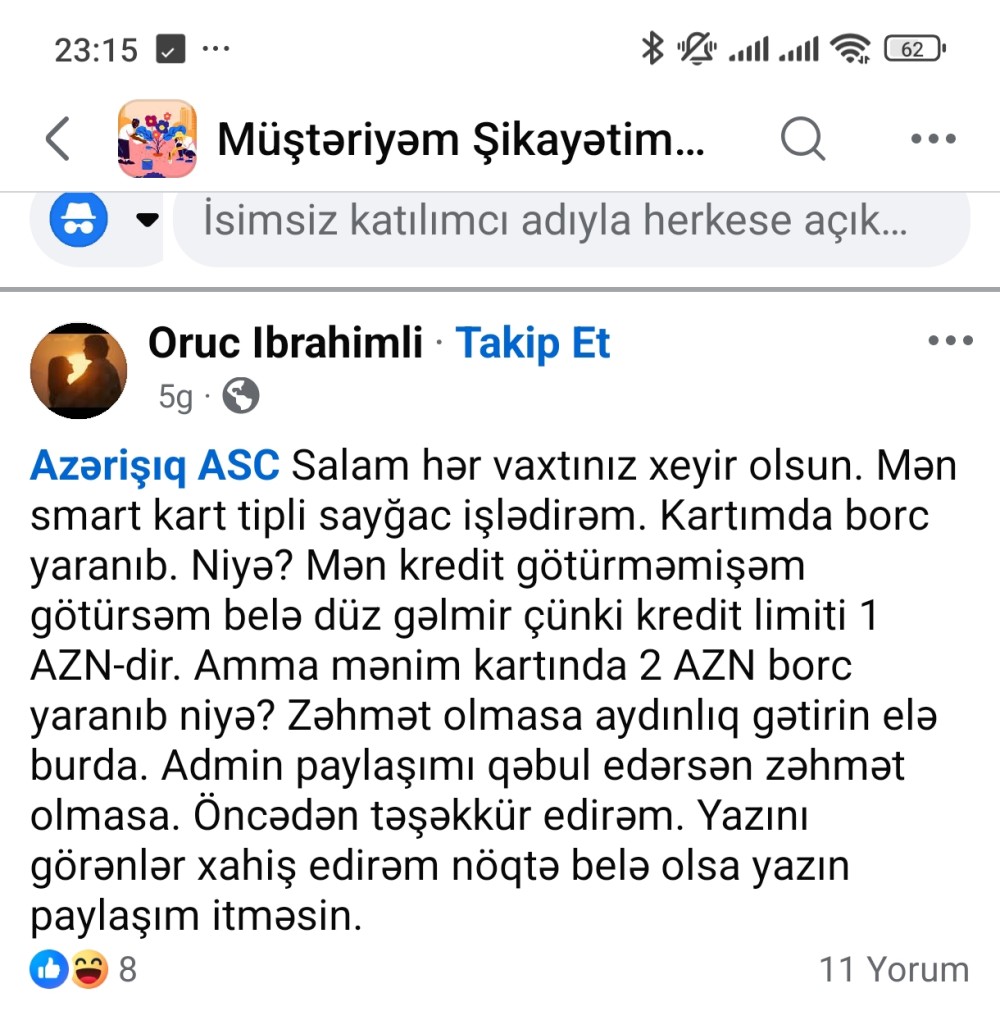 "Azərişıq" abonenti smart sayğacda səbəbsiz borc yaranmasından şikayət edir