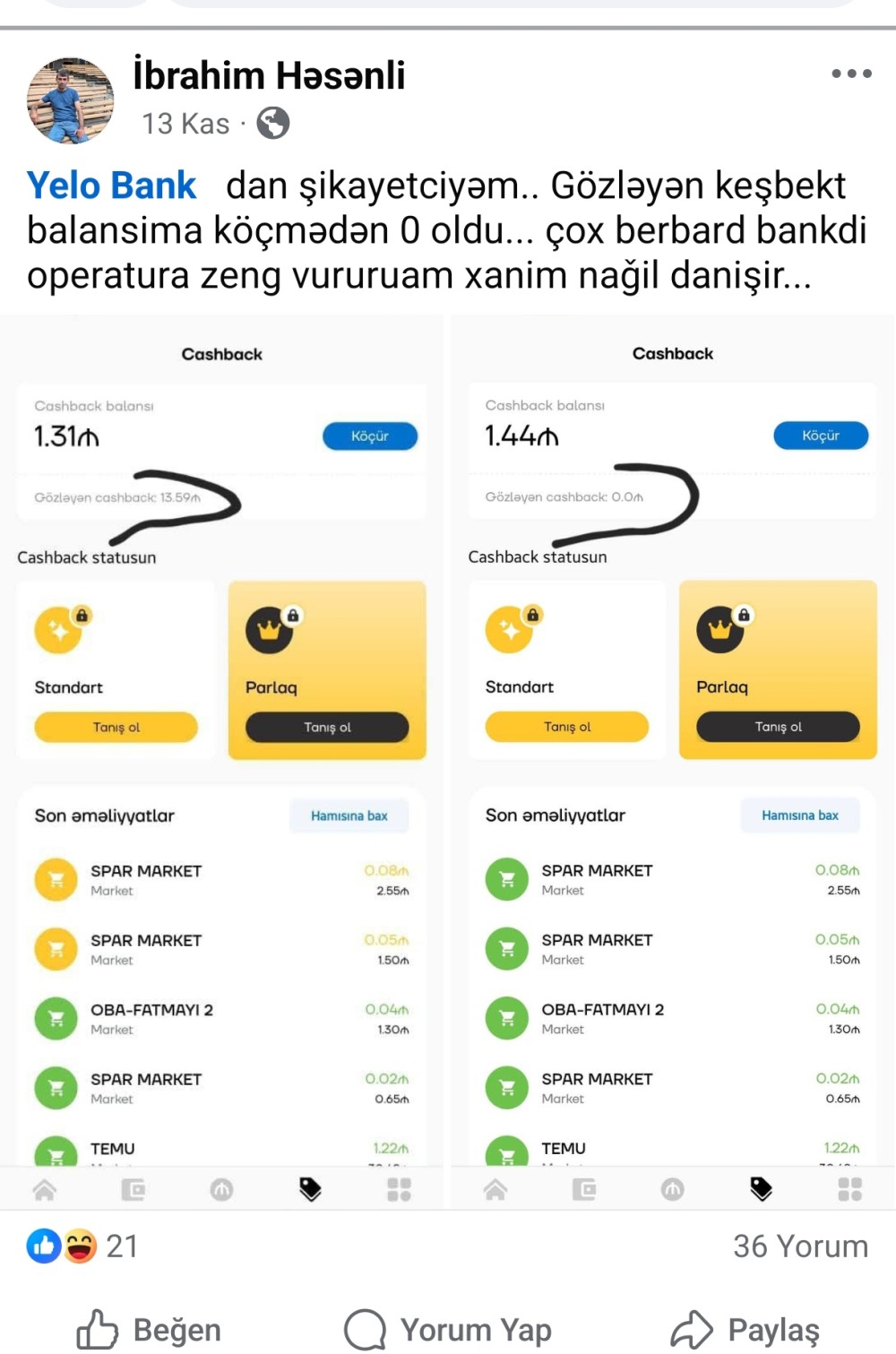 "Yelo Bank" müştərisindən ALDATDI: “Gözləyən keşbek balansıma köçmədən sıfırlandı”