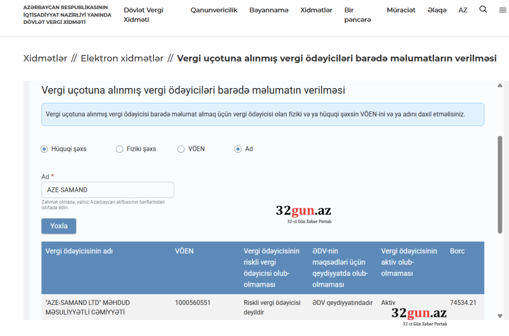AZE-SAMAND LTD MMC-nin vergi borcu  üzə çıxdı