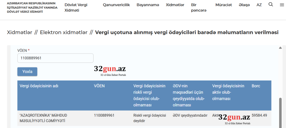 “Azaqrotexnika” MMC-nin 59 minlik vergi borcu